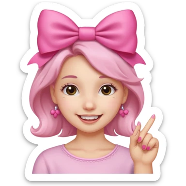 Chica sonriendo con un lazo rosa en la cabeza y mordiendose la punta del dedo indice con delicadeza y la otra mano que no salga sticker