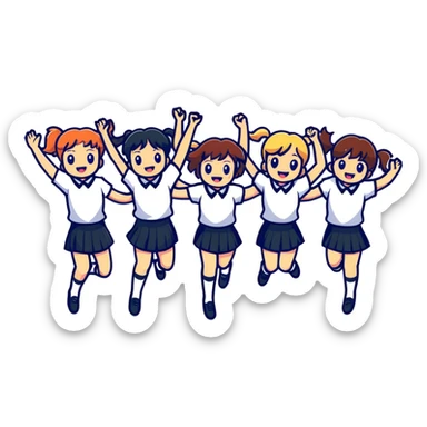 six girls in school uniforms jumping together sticker