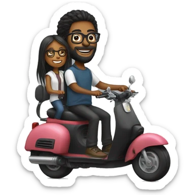 Boy with long hair, beard, and glasses, riding a black scooter with a girl wearing glasses on the back sticker