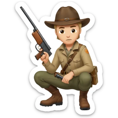 male hunter crouching with gun, alert expression sticker