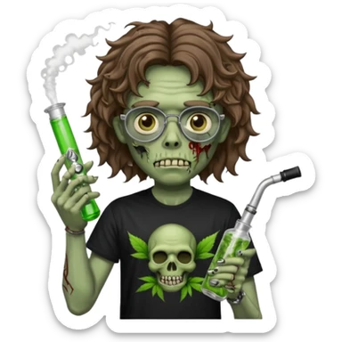 brown wavy haired zombie getting stoned with weed t shirt and bong on his hand and wearing black chrome hearts bifocals sticker