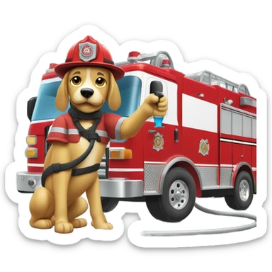 A firefighter dog washing a fire truck sticker
