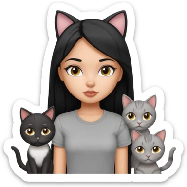 a pretty bratz dusky girl with long straight hair with four cats nd wearing a grey tshirt sticker
