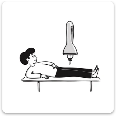 Detailed illustration of DEXA scan procedure with male patient lying on table, bone density measurement machine with scanning arm positioned over patient's body sticker