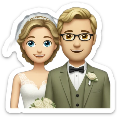 Wedding couple. Bride has brown hair pinned up. She wears lace dress. She has blue eyes. Groom has olive green suit and brown vest. He has blond hair. He wears glasses. He has blue eyes too. sticker