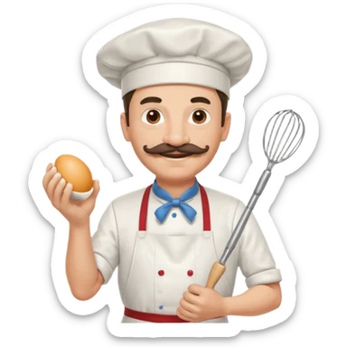 Middle aged male pastry chef - with a mustache, apron, white hat, and holding an egg beater in one hand sticker