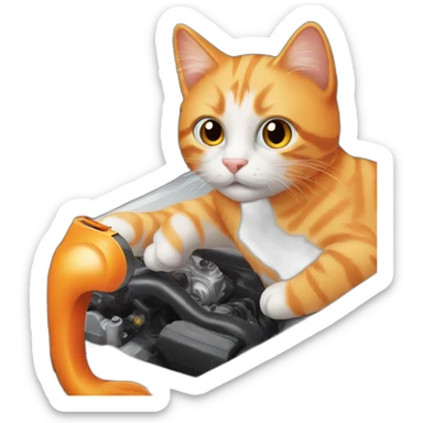 orange cat checking white car engine sticker