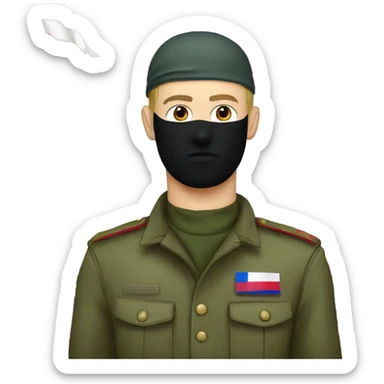 russian soldier with annoyed face and balaclava standing next to russian flag waving sticker
