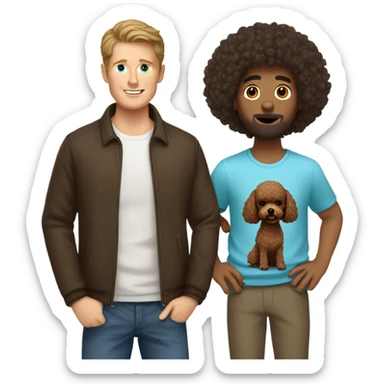 white guy with dark hair holding brown toy poodle sticker