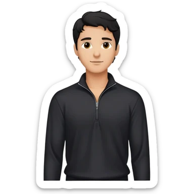 Relaxed fit black quarter-zip shirt on man with wavy black hair, not form-fitting sticker