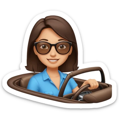 Brunette driving car like crazy. Happy face confidence  sticker