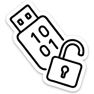 outlined icon of a USB drive and broken lock combined, tilted down-left, transparent look, gray and black, with 1s and 0s inside sticker