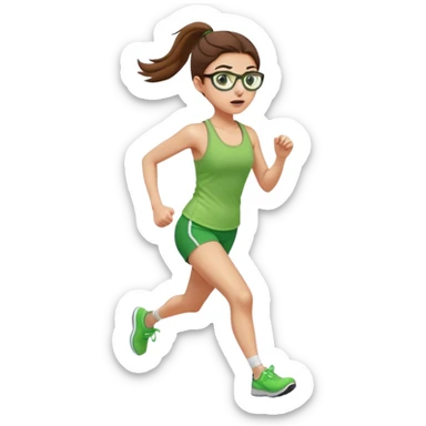 pretty girl white glasses brown hair in a ponytail green tank top running sticker