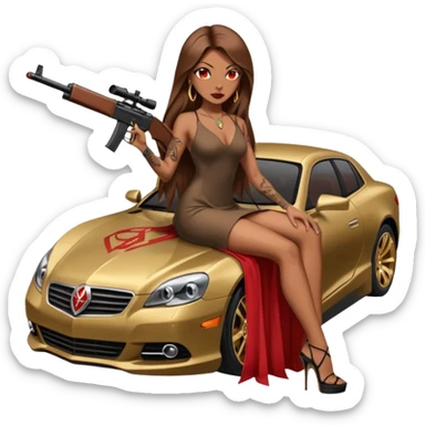 Lilith tan skinfemale red eyes symbol. Tattoo arms. Her hair is brown straight long hair.wearing sexy long sexy dress with slit. black stiletto thick platform high heels shoes on. Sitting on gold giant luxury car with cash inside . She is holding a sniper rifle in one hand cash in other hand sticker