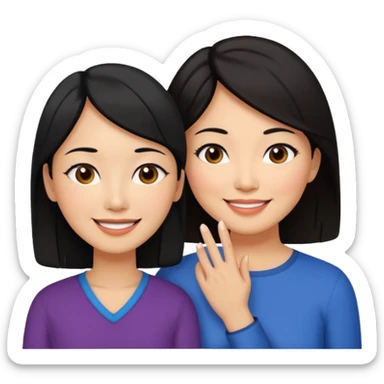 Middle aged light brown skinned woman with black hair, beside a middle aged asian woman with dark brown hair touching their cheek sticker