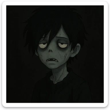 zombie boy with black emo hair on a black background, gothic art style sticker