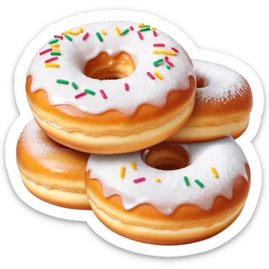 Cinematic fluffy donuts, perfectly golden and dusted with powdered sugar, vibrant icing with sprinkles, stacked in a playful arrangement, soft glowing highlights, warm and inviting. sticker