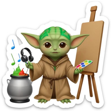 Baby Yoda in his brown robe listening music on his headphones, painting a picture on an easel and surrounded by paint pots. sticker
