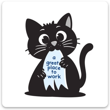 cat holding a ribbon with the text 'a great place to work' written in blue in notion style hand drawn doodle sticker