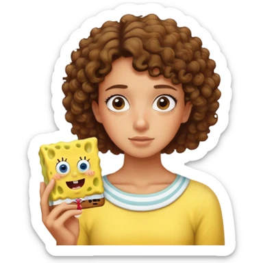 A girl with short curly hair watching SpongeBob  sticker