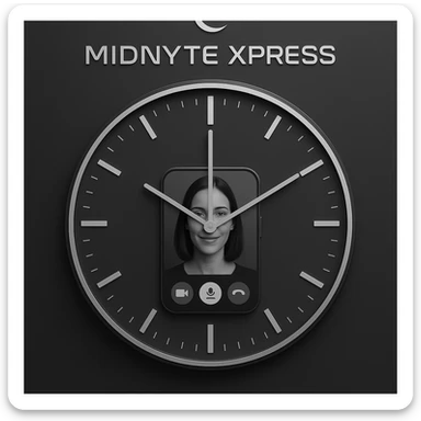 A modern, clear, and visually balanced clock showing midnight with a FaceTime video call screen in the center, the words 'Midnyte Xpress' above the clock, and a half moon above the text. Minimalist, tech-forward, sleek, digital-inspired design, clean and contemporary look. sticker