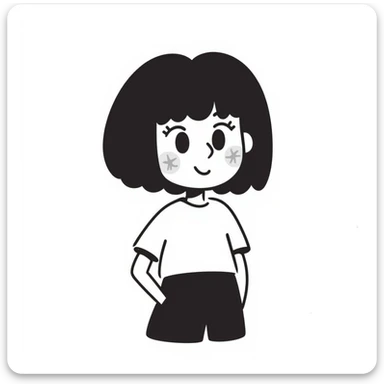 cute girl with blunt bangs, mid-short hair, big eyes, hand-drawn doodle style, extra kawaii features like sparkles and blushing cheeks sticker