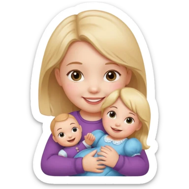 Toddler girl – holding a doll with a smile. sticker