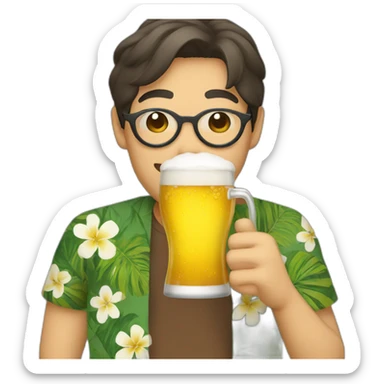 Japanese wearing roundglasses alohashirt is holding beer sticker