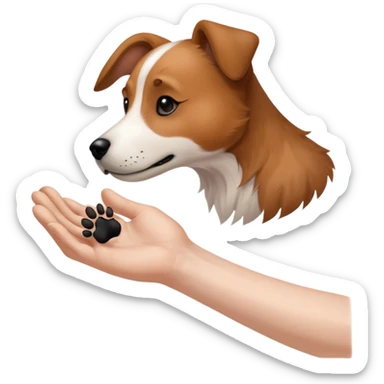 there is a drawing of a human hand gently reaching toward a dog’s paw. The dog has brown fur with black areas, and the paw is extended like it’s about to touch the person’s fingers sticker