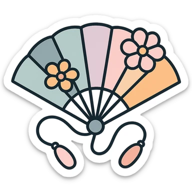 beautiful Chinese fan with elegant curved cords and flowers, thin clean outlines, soft rounded shapes, pastel palette #98B5BC, #B5B3C1, #C9A3C9, #E4C0CA, #F7DCD1, #F7C0AA, modern Japanese pop art and sticker aesthetic, detailed shadows and highlights, soft lighting, transparent background sticker
