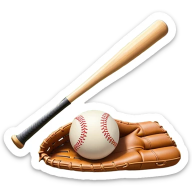 A baseball bat, ball, and glove placed on the grass of a baseball field, with the diamond and base lines clearly visible in the background. The scene captures the essence of the sport, with the equipment ready for action on the neatly marked field. sticker