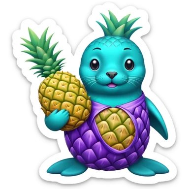 seal that is completely teal-colored holding a pineapple that is completely purple-colored sticker