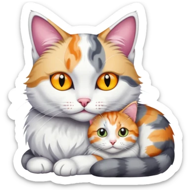 grey and white cat cuddling a colourful light patched calico + white tabby cat sticker
