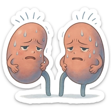 cartoon kidneys with stress lines and sweat, holding their sides, tired eyes, soft blue and pink tones, medical style sticker
