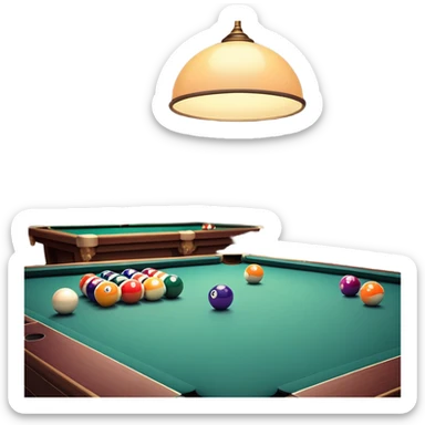A well-arranged pool table with colorful billiard balls neatly placed, and a cue stick poised to take a shot. The setting is a dimly lit room with a focused atmosphere, highlighting the precision and strategy involved in the game of billiards. sticker