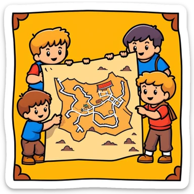 group of goonies kids examining a treasure map sticker