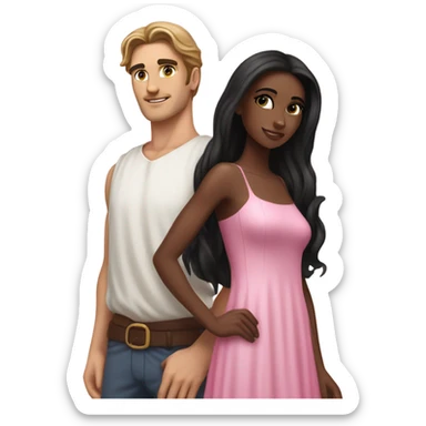 A handsome pale Greek god man who has long brown hair and tanned skin with a pretty black skinny tall model woman who has long black hair and she is wearing a pink dress and they are a couple sticker
