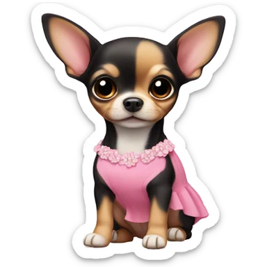 black & tan chihuahua puppy wearing a pink dress sticker