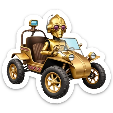 Old American southWest tarnished neon underglow C-3PO bounty hunter 1964 delicately ornate rosegold wood accents painted dune buggy buckboard powered by electric motors and batteries with safety and belts flying rapidly roughening terrain stable on strong agile advanced suspension and steering sticker