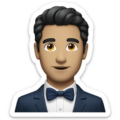 A white  man with red lipstick wearing a navy suit  with black hair  sticker