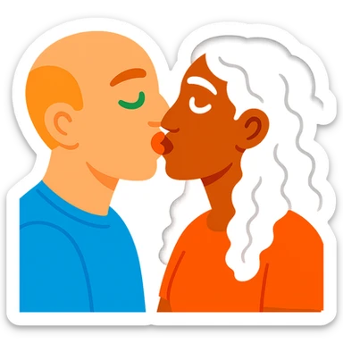 caucasian bald man with green eyes and caucasian woman with long curly dark hair and brown eyes kissing, vibrant toon style sticker