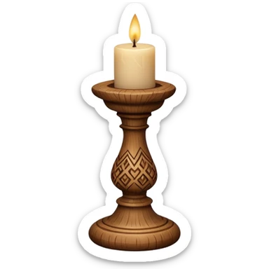 A short wooden candlestick carved with simple rustic patterns. sticker