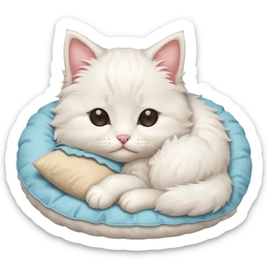 Stitch white fluffy kitten snuggling a pillow, cheeks rosy, eyes closed in > < shape sticker
