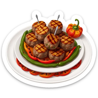 Akçaabat meatballs object icon, grilled Turkish kofte pieces on a plate, smoky char marks, juicy texture, served with grilled peppers and tomatoes, 3D cartoon, mobile game icon style, centered, clean background, no text, no watermark
 sticker