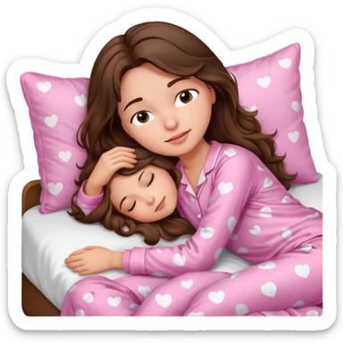 Brunette girl with long wavy brown hair with brown eyes and sleeping on a withe bed with cute pink pjs sticker