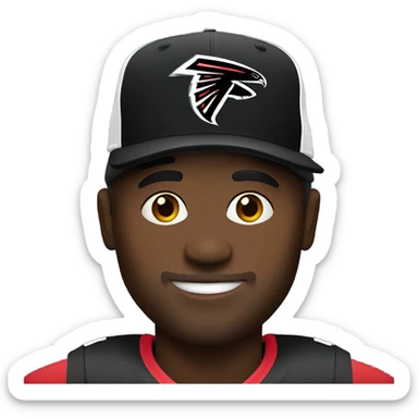 Black man wearing a hat with the NFL falcons logo on it and also wearing the nfl falcons jersey sticker