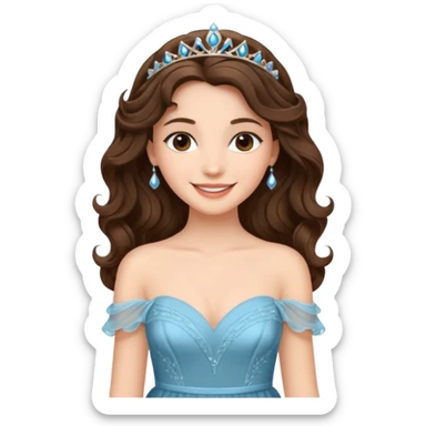 a beautiful brunette wavy flowy hair princess wearing a gown with elegant piercing and smile gently  sticker