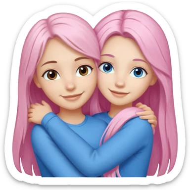 four white grips hugging and smiling    2 girls with brown eyes and long dark brown hair. One girl with long light pink hair and blue eyes, one girl with blue eyes and light blonde hair sticker