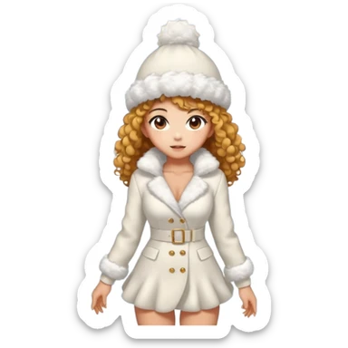 sexy and muscled tanned anime like asian girl, golder curly hair, in winter fluffy white dress-suit, in winter fluffy hat, surrounded by winter snow and ice around, full body sticker