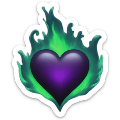 Black heart with purple and green flame inside sticker